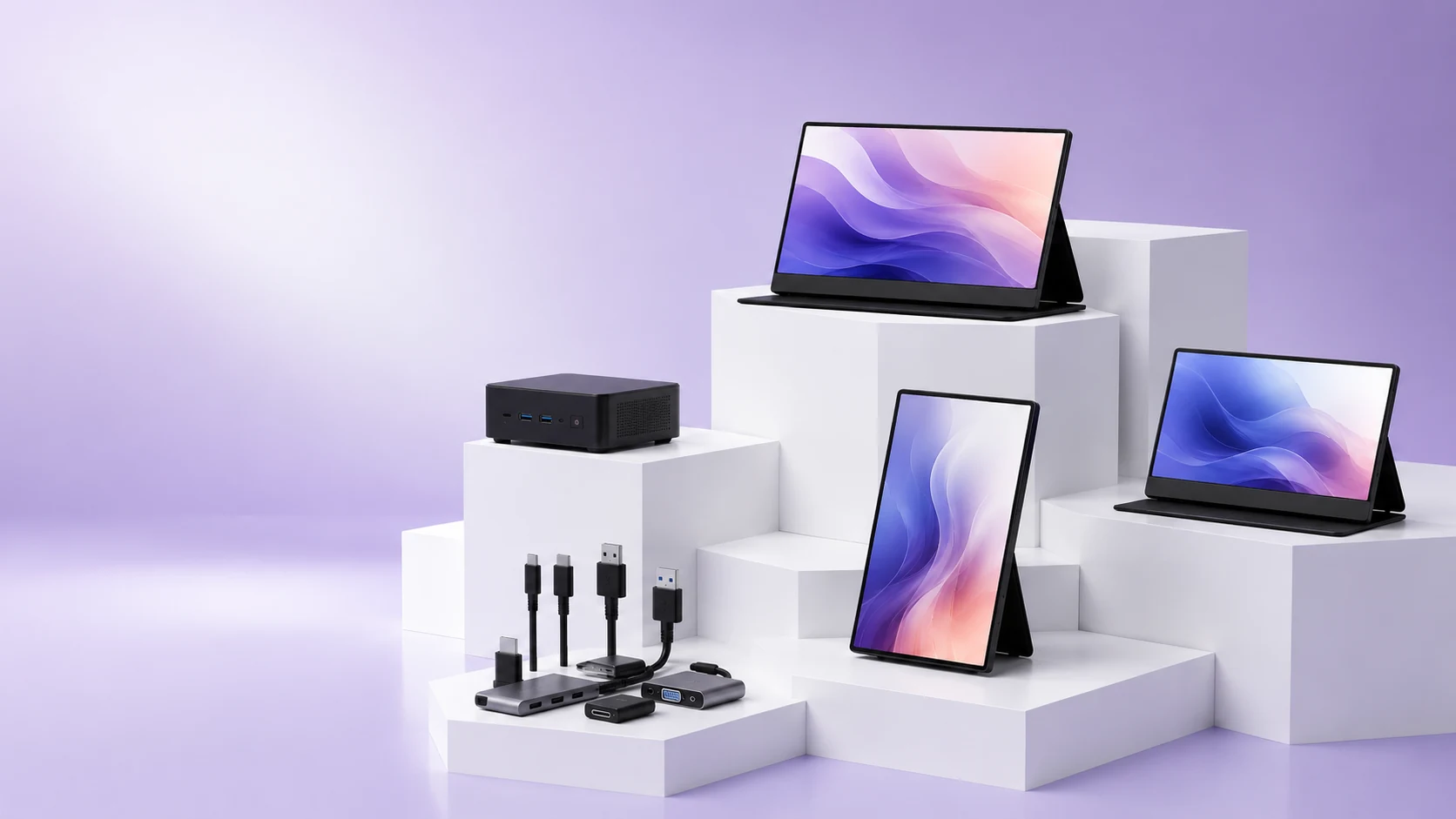 Portable displays, a mini PC, and accessories arranged as a flexible workspace ecosystem.