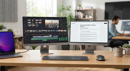 A desktop workspace prepared for creative production.