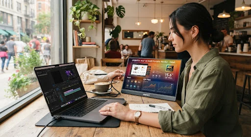 A flexible remote-work setup in a cafe.