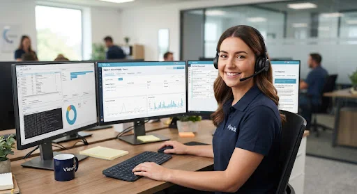 Viewix support workspace with an agent wearing a headset.